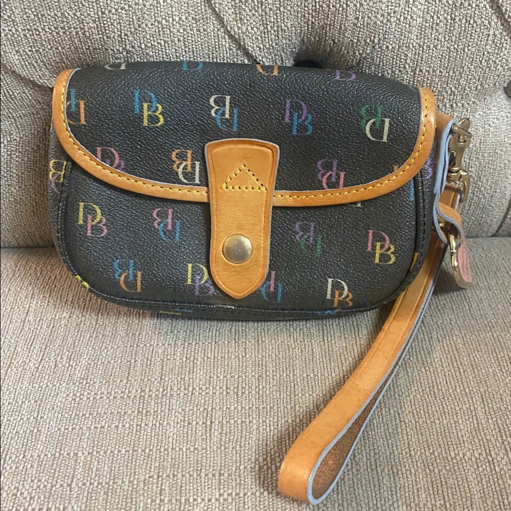 Vintage Dooney & Bourke. Black Signature Monogram DB Rainbow Logo Wristlet